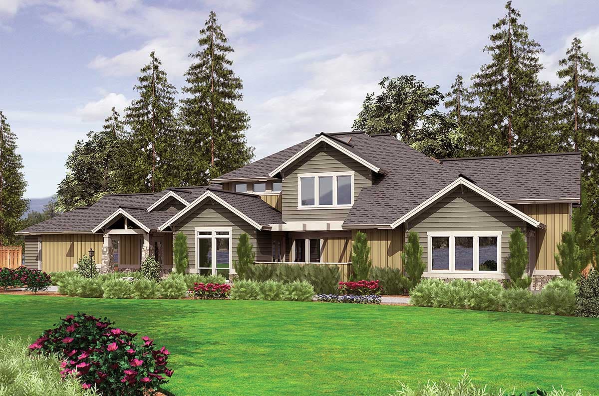 House plan exterior: Two-story modern Craftsman with large front gables, a covered entry, and multiple windows.