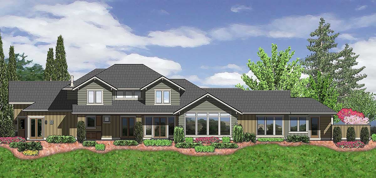 House plan exterior: Two-story Modern Farmhouse with multiple gables, dormers, and large window groupings.