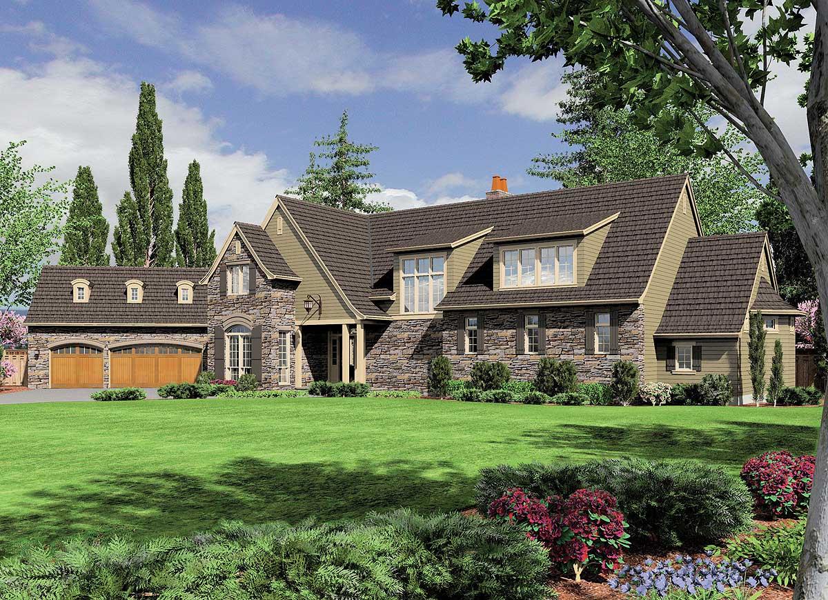 House plan exterior with stone and siding facade, multiple gables, dormers, and a three-car garage.