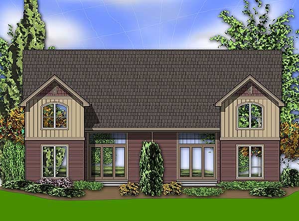 House plan exterior, two-story, with symmetrical gables, arched upper windows, and a central bank of windows.