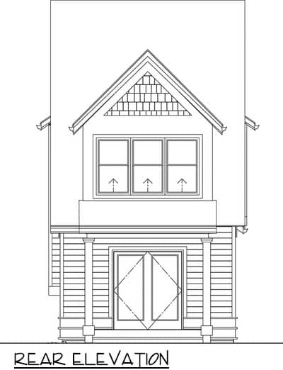 Rear elevation drawing of a house plan featuring a prominent gable with shingles, three windows above a porch with double doors.