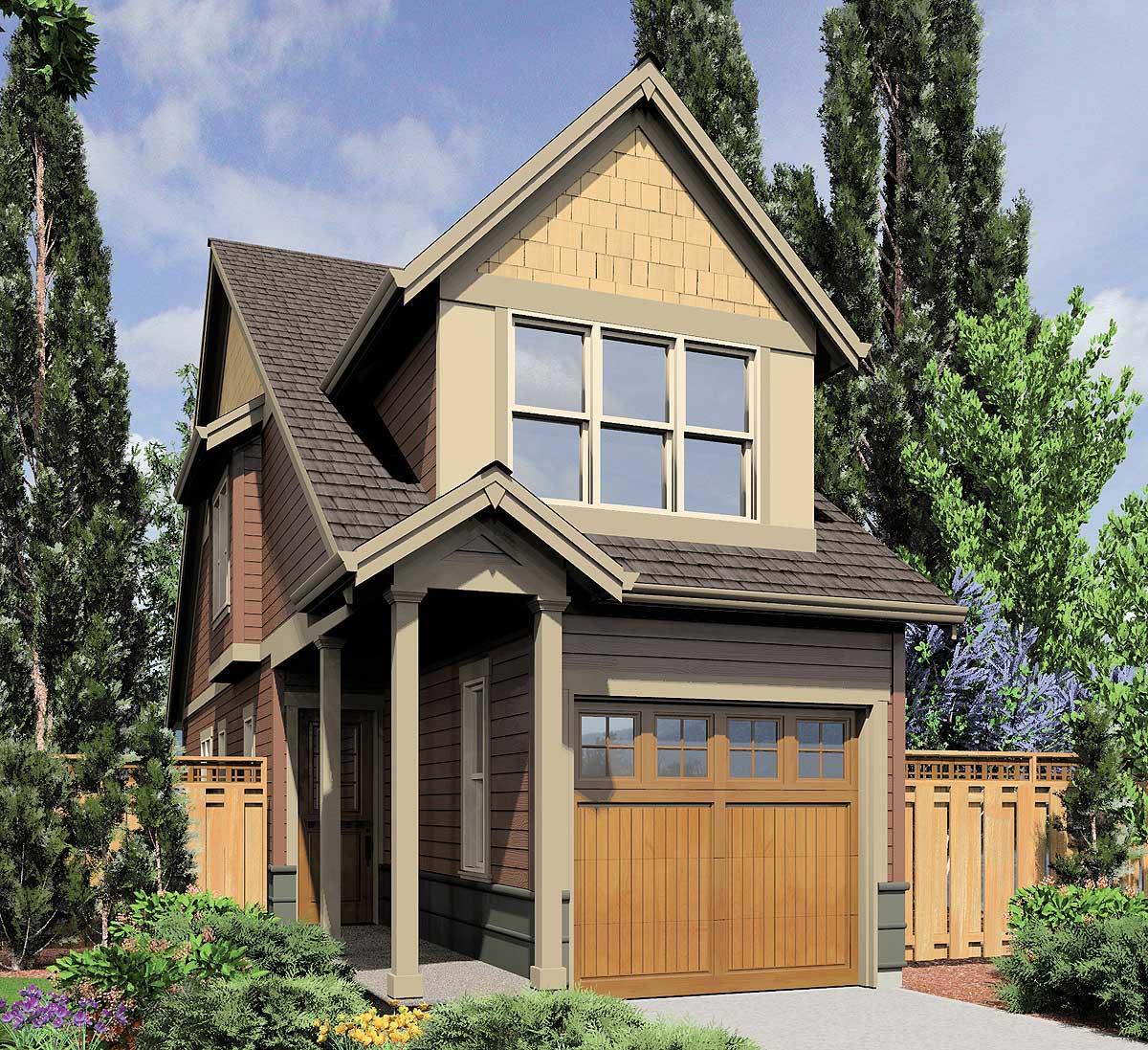 House plan exterior: Two-story home with a covered front porch, gabled roof with dormers, and a side-facing garage.