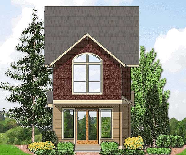 House plan exterior: Two-story home with shingle siding, arched upper window, and double glass doors.