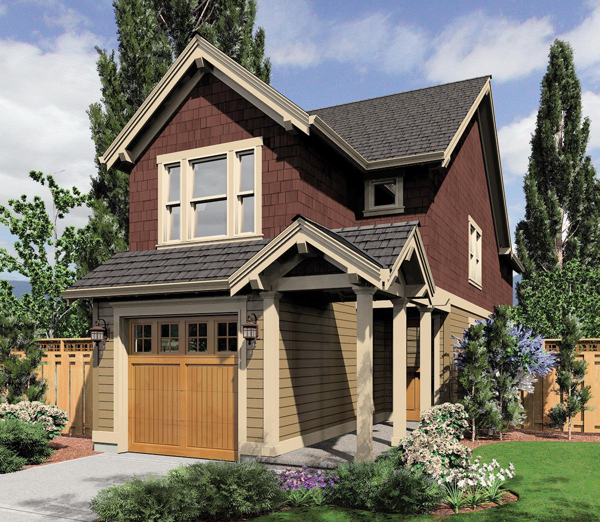 Craftsman style house plan exterior, two stories, featuring a gabled roof, covered porch with columns, and a wood garage door.