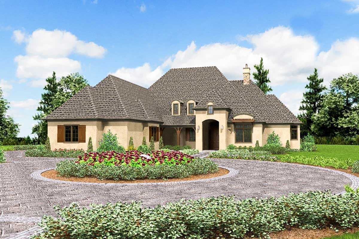 House plan exterior: European style, multi-story house with arched entryway, prominent gables, and dormer windows.