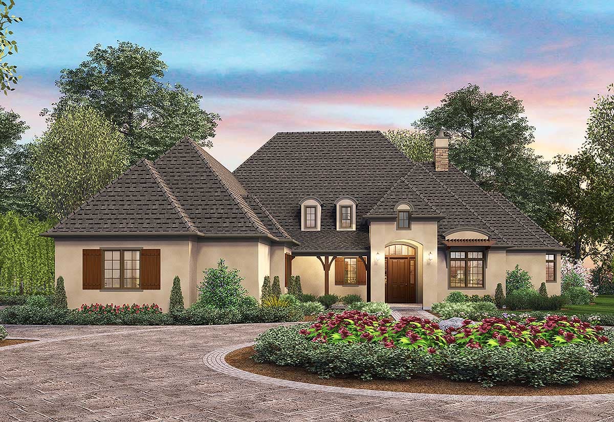 House plan exterior featuring a two-story design in a French Provincial style. Features include dormers, a covered porch, and a hipped roof.