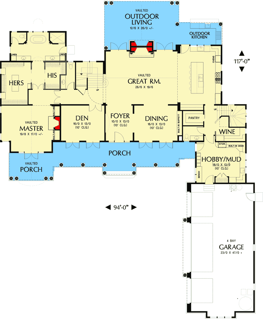 Plan 69580AM: Northwest Home with Hobby Room and Wine Cellar - Floor Plan - Main Level - Craftsman, Northwest, Shingle