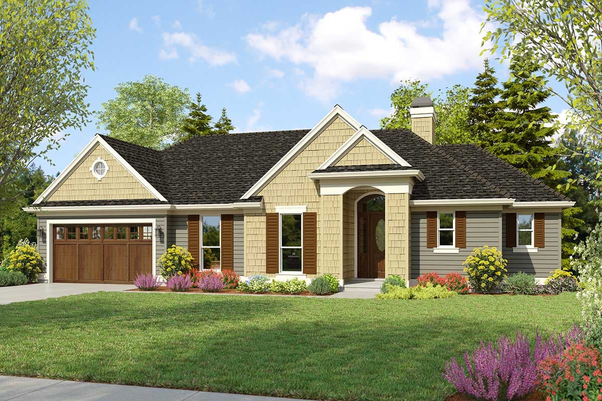 House plan exterior: Ranch style with gabled dormers, arched entry, shingle siding, and attached garage.