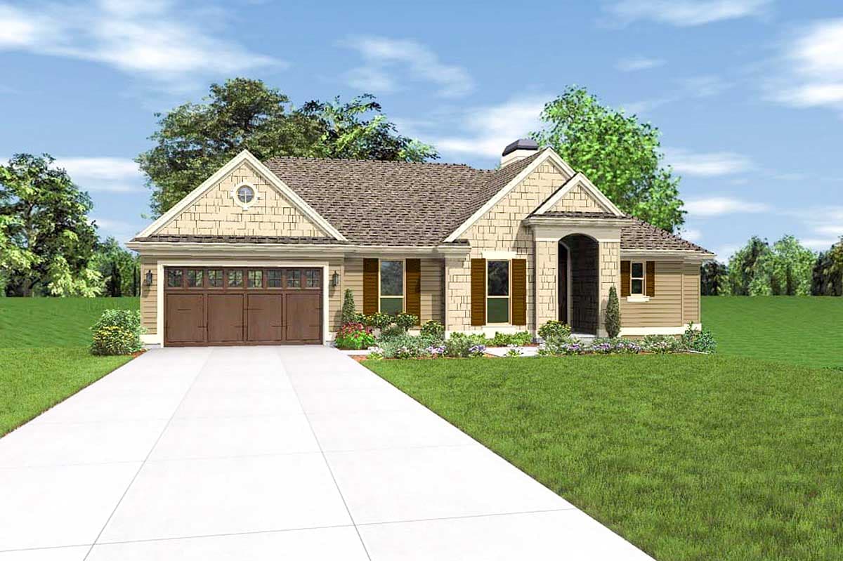 House plan exterior: One-story Modern Farmhouse with a gable roof, arched entry, and attached two-car garage.