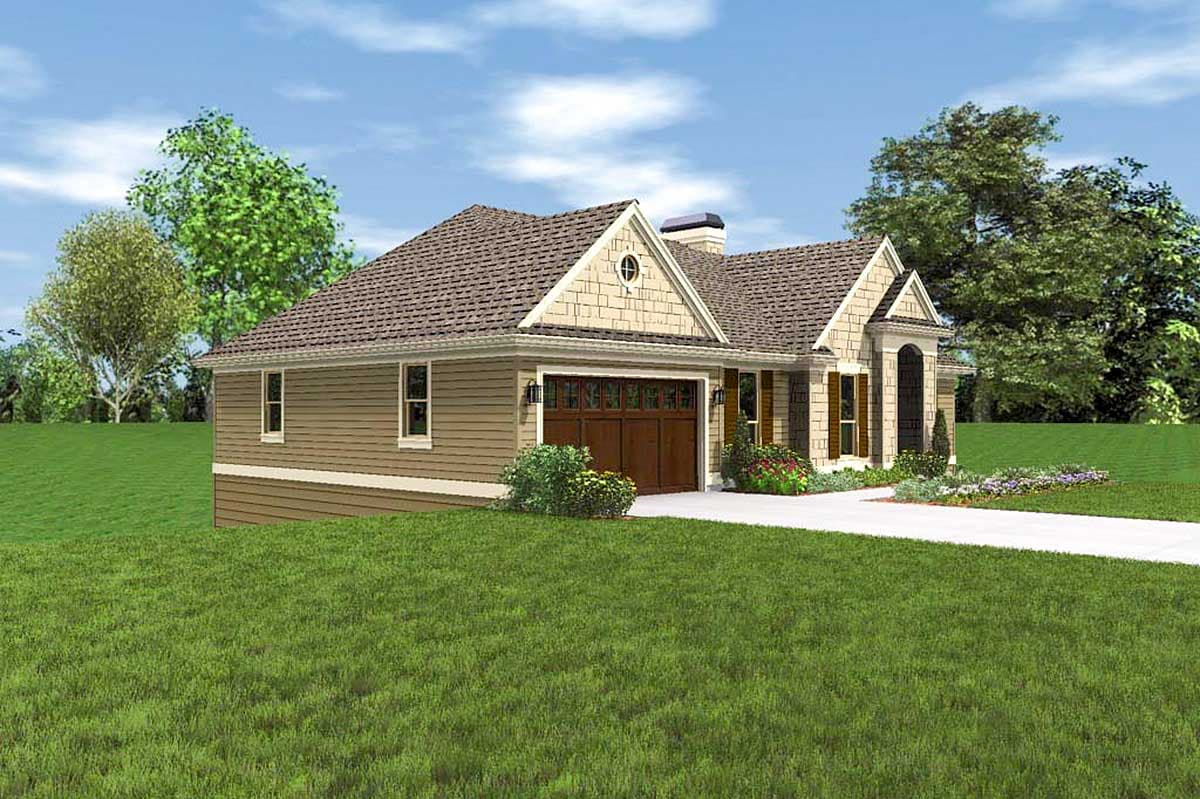House plan exterior: Single-story, Craftsman style with a front-entry garage, gabled roof, and arched entryway.