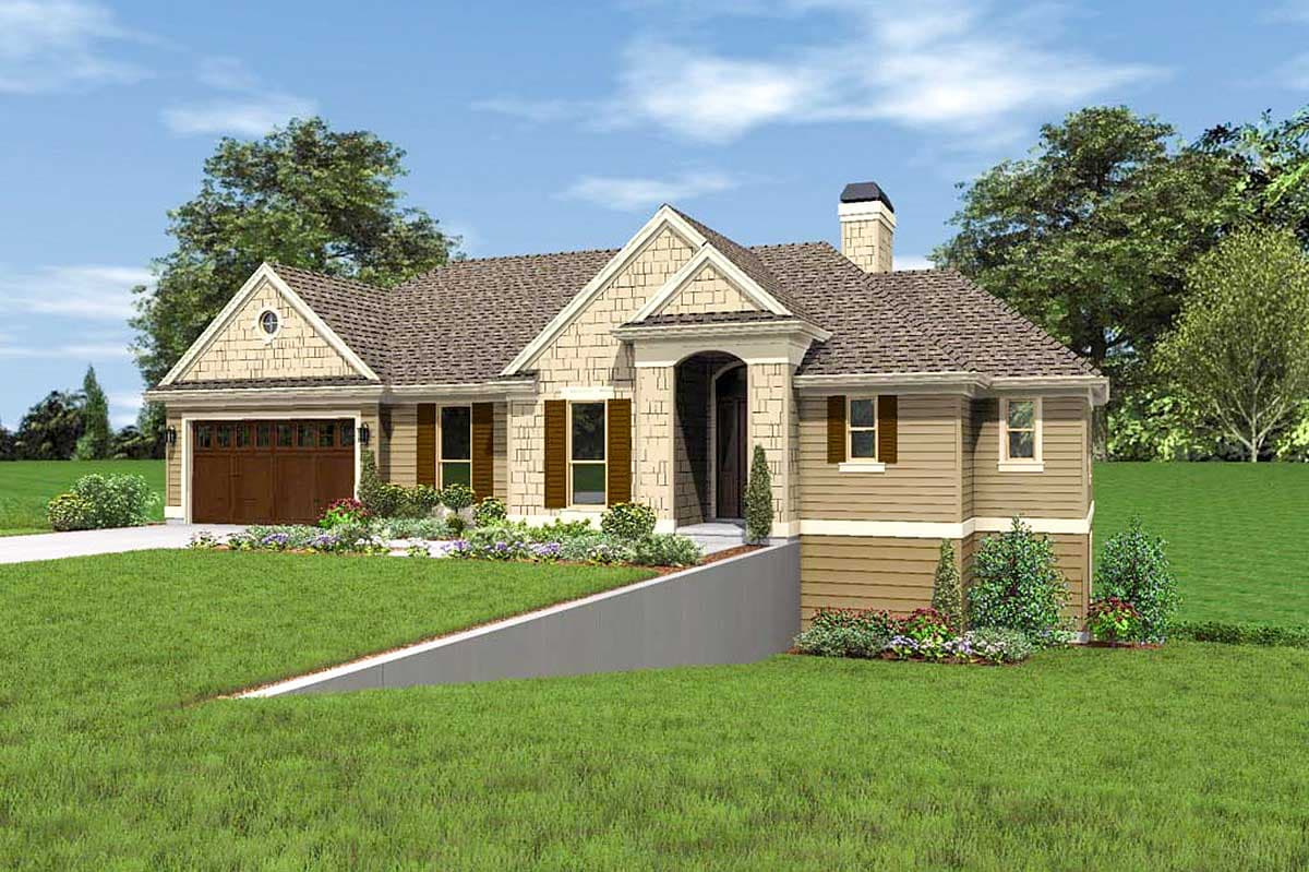 House plan exterior: Ranch style, one-story, with attached garage, gable dormer, and arched entry.