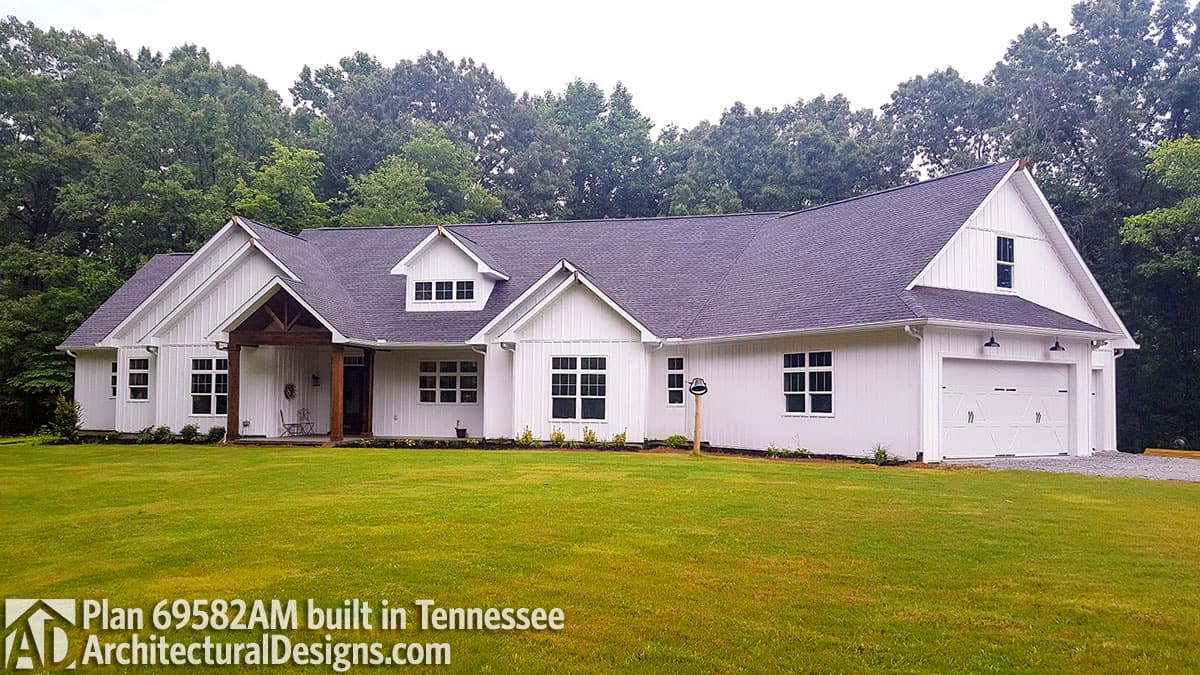 Modern Farmhouse house plan exterior with gabled roof, dormers, covered entry, and attached garage.