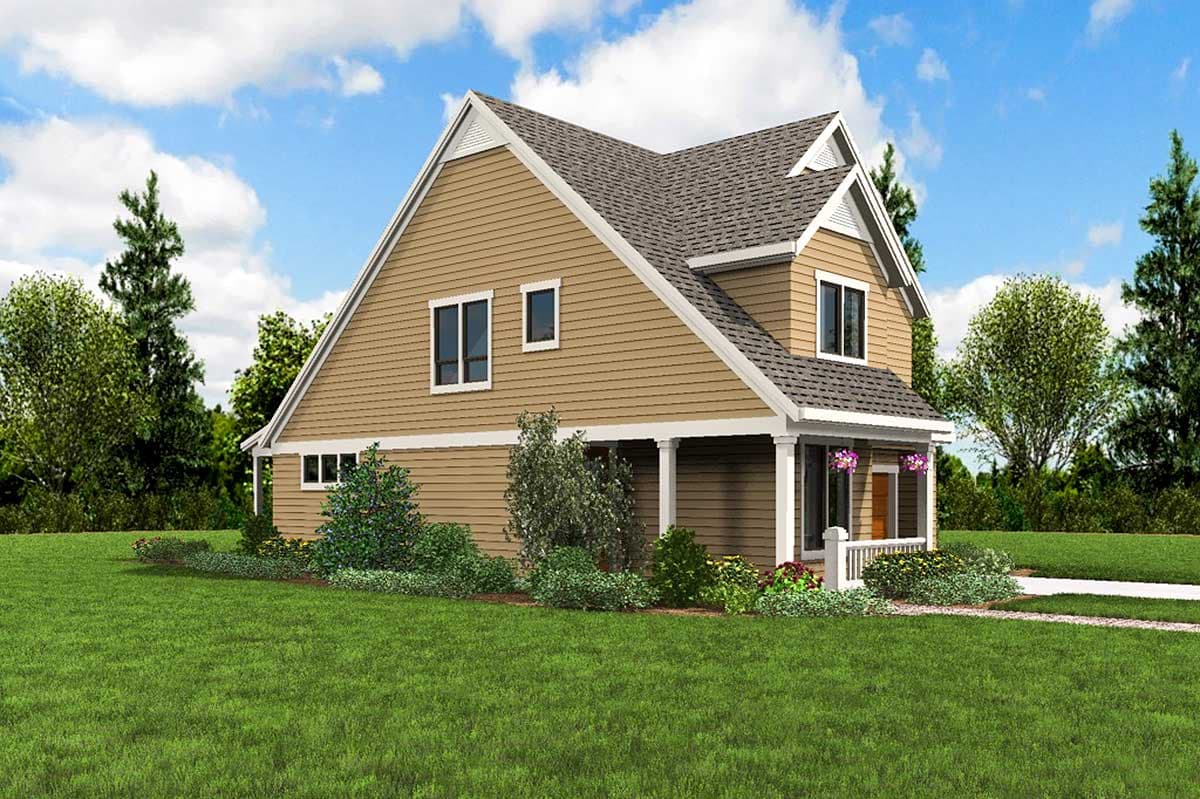 House plan exterior of a two-story home with a gable roof, dormer, and covered front porch with columns.