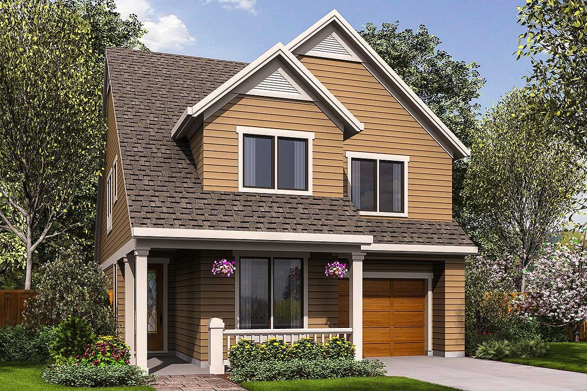 House plan exterior: two-story siding home with front porch, gables, and attached garage.