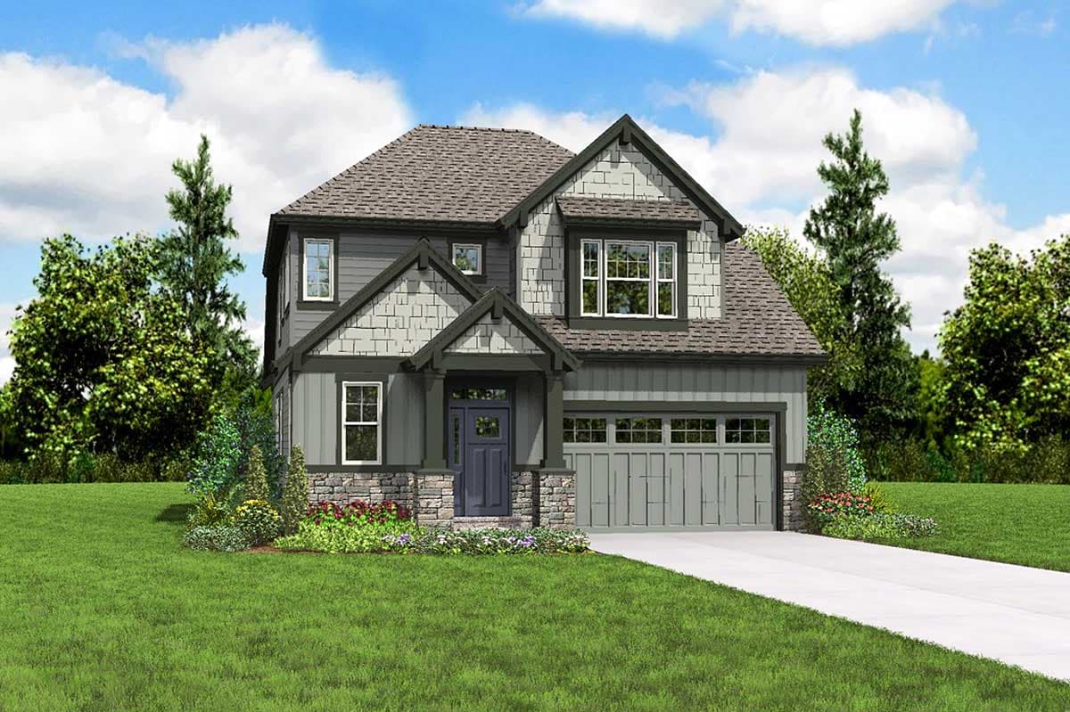House plan exterior: Two-story home with a gabled porch, stone accents, shingle siding, and a side-facing garage.