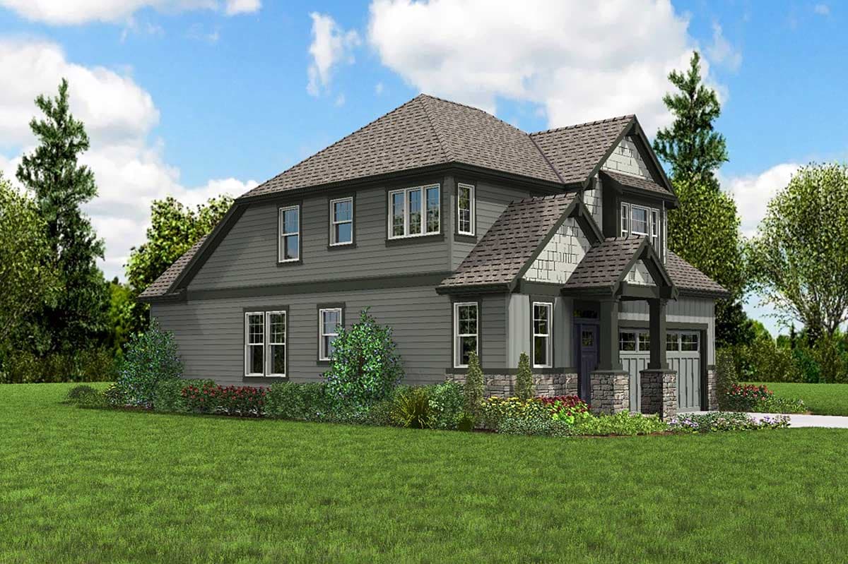 House plan exterior: Two-story home with prominent gable, covered porch entry, stone accents, and attached garage.