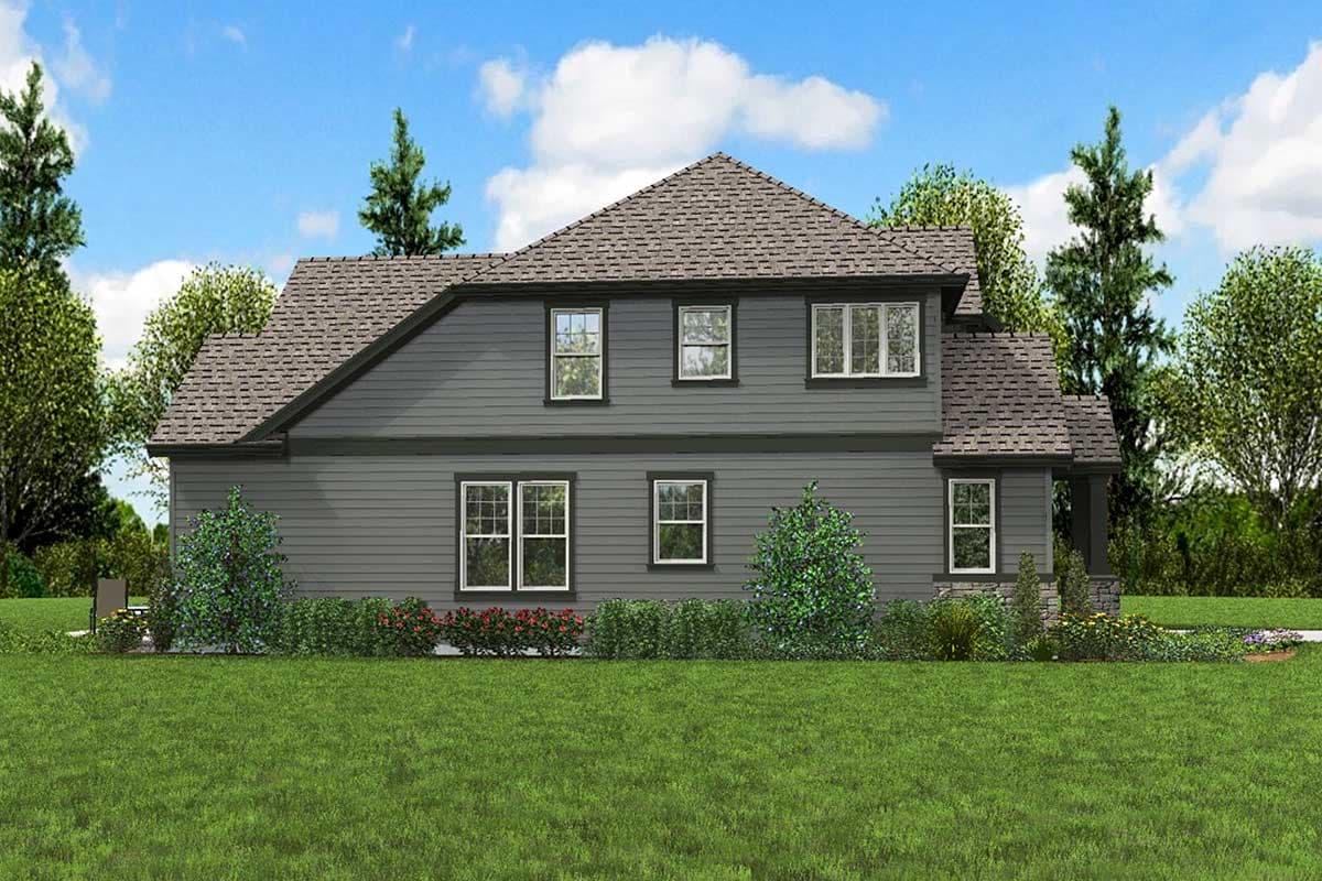 House plan exterior, two stories, gray siding, gable roof, dormer, and covered entry with stone accents.