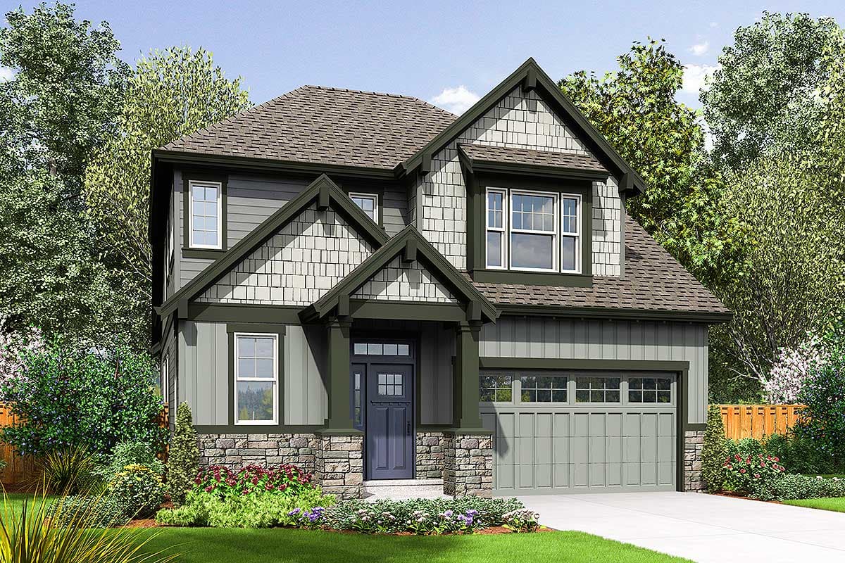 Two-story house plan exterior with stone base, shake siding, gabled roof, covered porch, and attached garage.