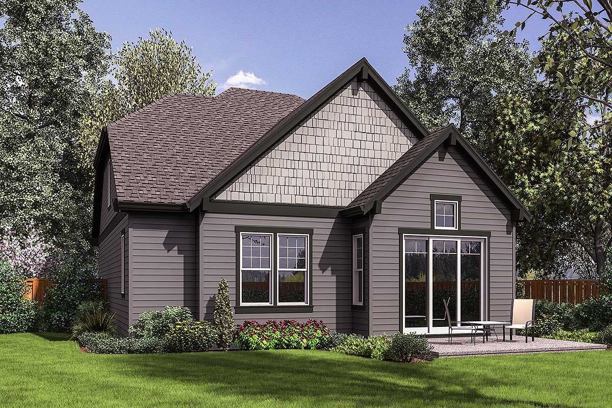 House plan exterior view of a two-story home with gabled rooflines, decorative shingle siding accent, and large sliding glass doors.