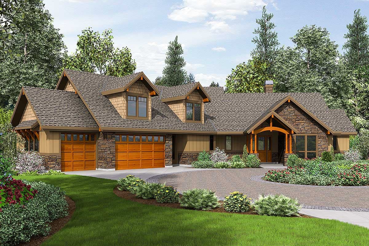 House plan exterior. Craftsman style, single-story home with gabled roof, dormers, and stone accents. Features an attached garage and front porch.