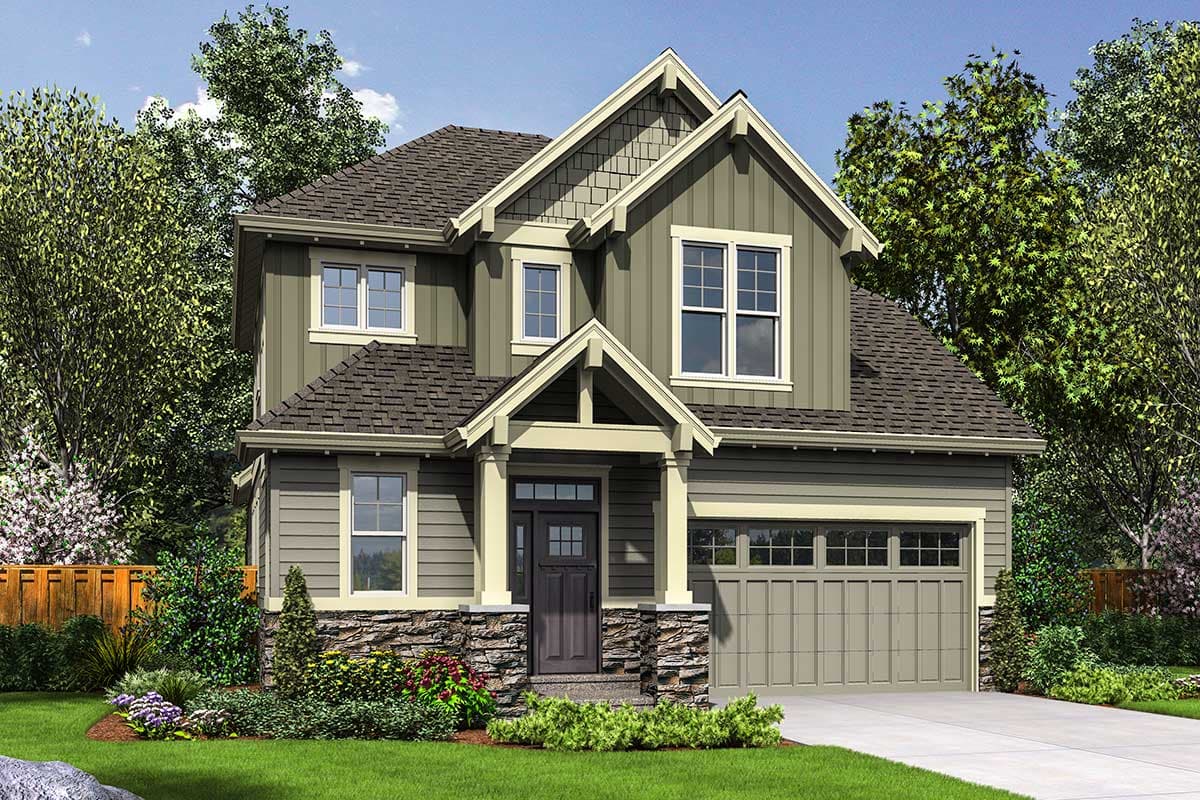 House plan exterior: Two-story Craftsman home with stone accents, a covered entry porch with timber supports, and a side-facing garage.