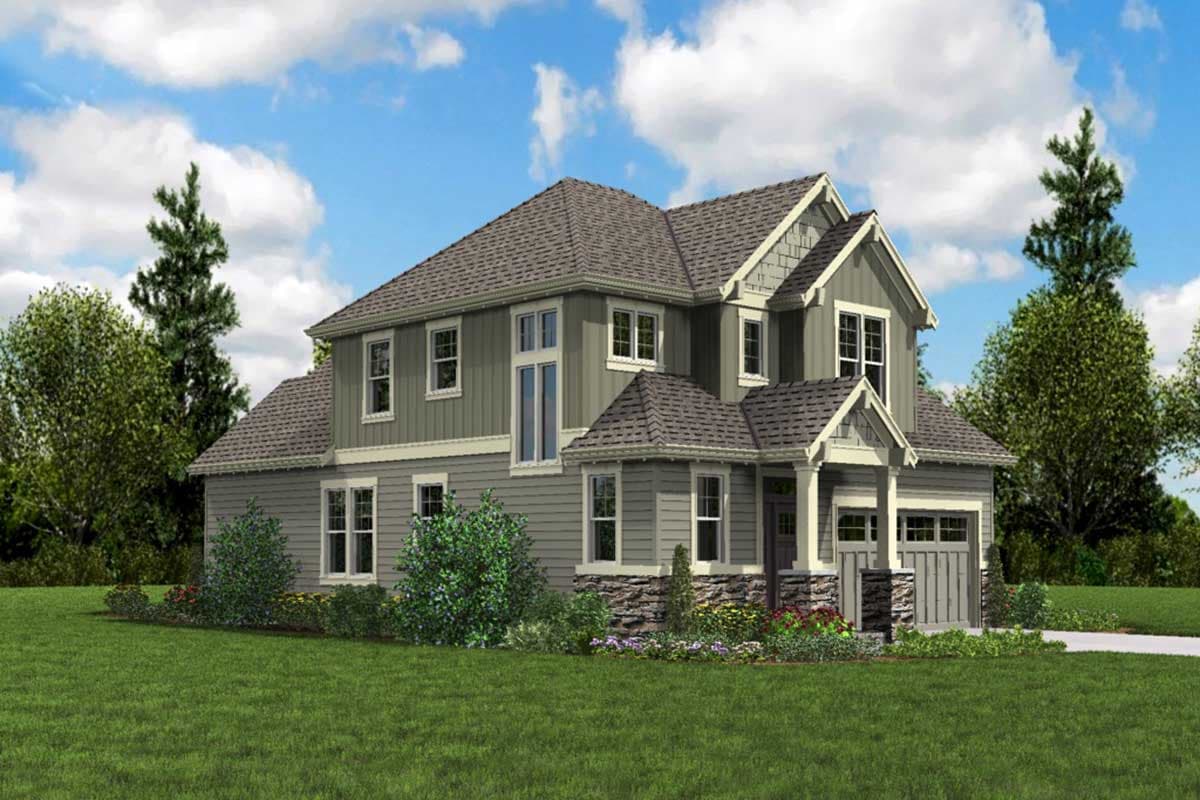 House plan exterior for a two-story home featuring gables, a covered porch, and a side-entry garage with stone accents.