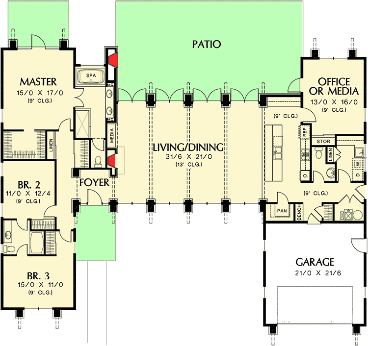Plan 69587AM: Modern House Plan with Front To Back Living - 2557 Sq Ft - Floor Plan - Main Level - Contemporary, Mid Century Modern, Modern, Northwest
