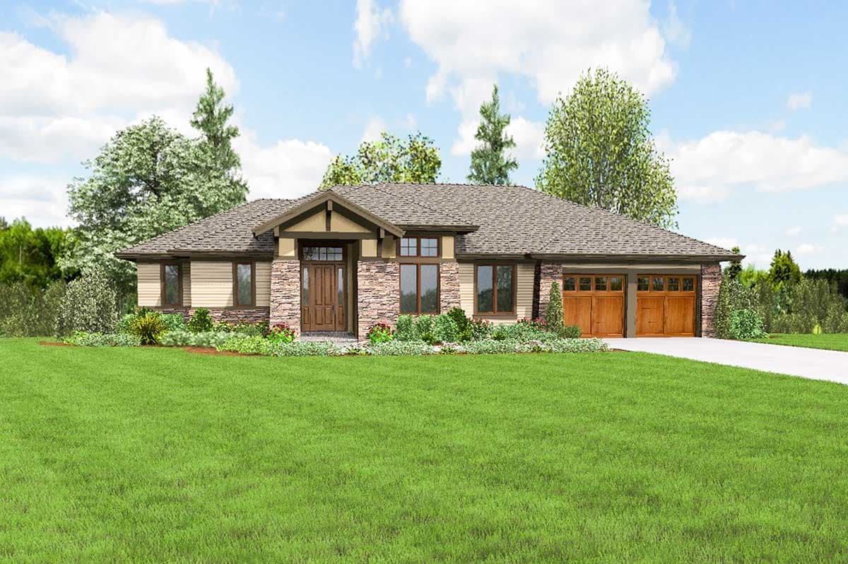 House plan exterior: One-story Modern Farmhouse with stone accents, prominent gabled entryway, and a side-entry two-car garage.