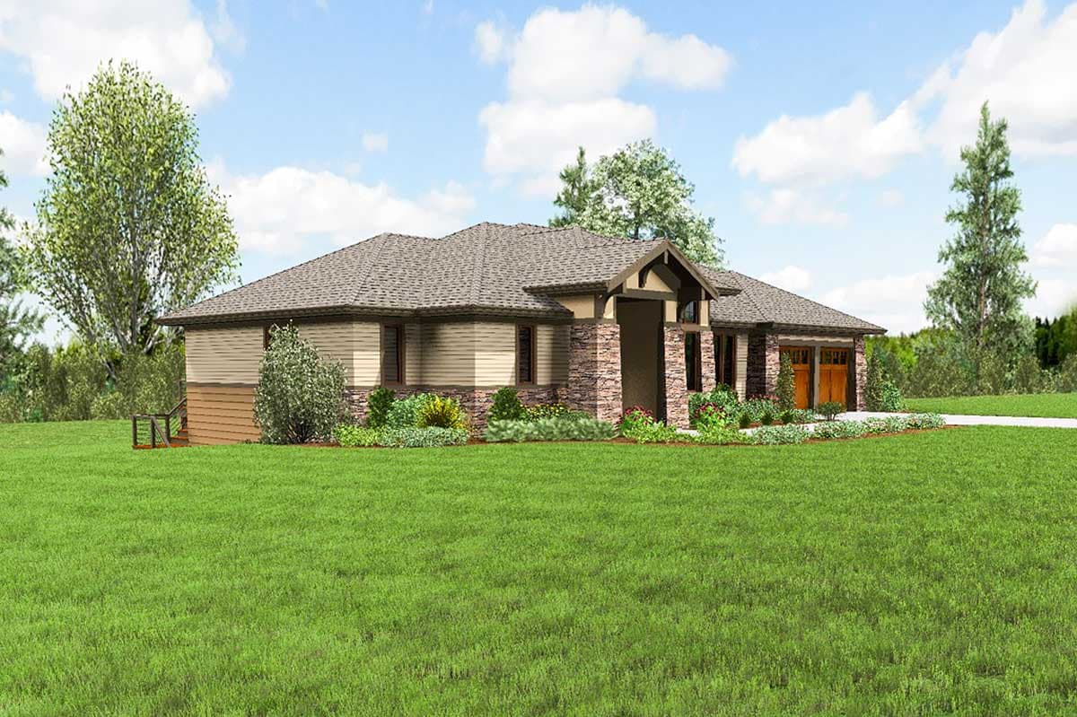 Modern Ranch house plan exterior with stone and horizontal siding, large gabled entrance, and a three-car garage.