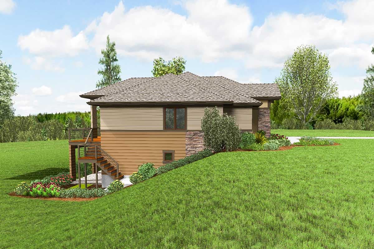 House plan exterior, one story, with horizontal siding, stone accents, and a side deck with stairs.
