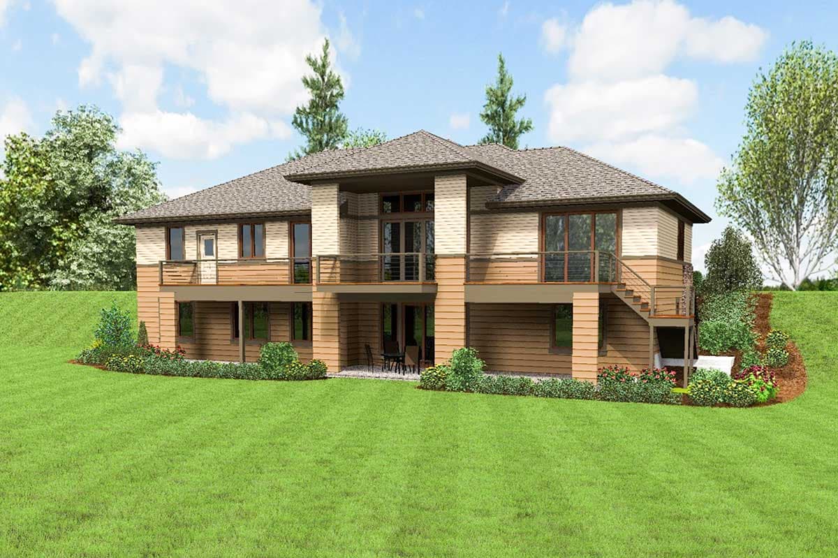 Modern house plan exterior featuring two stories, horizontal siding, multiple balconies, and a walk-out lower level.