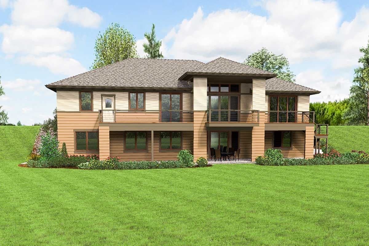 House plan exterior: two-story modern home with multiple balconies, large windows, horizontal siding, and a walk-out lower level.