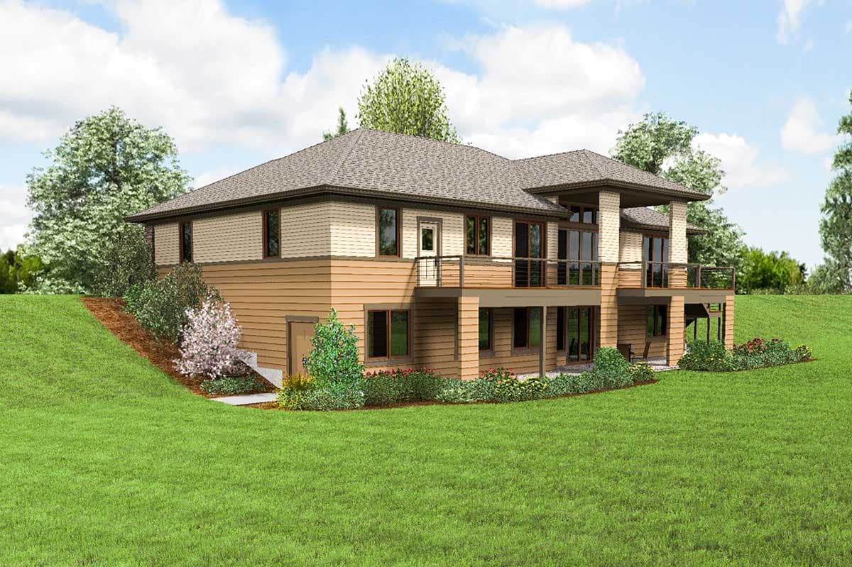House plan exterior view of a two-story home with a walk-out basement, multiple decks, and a modern roofline.