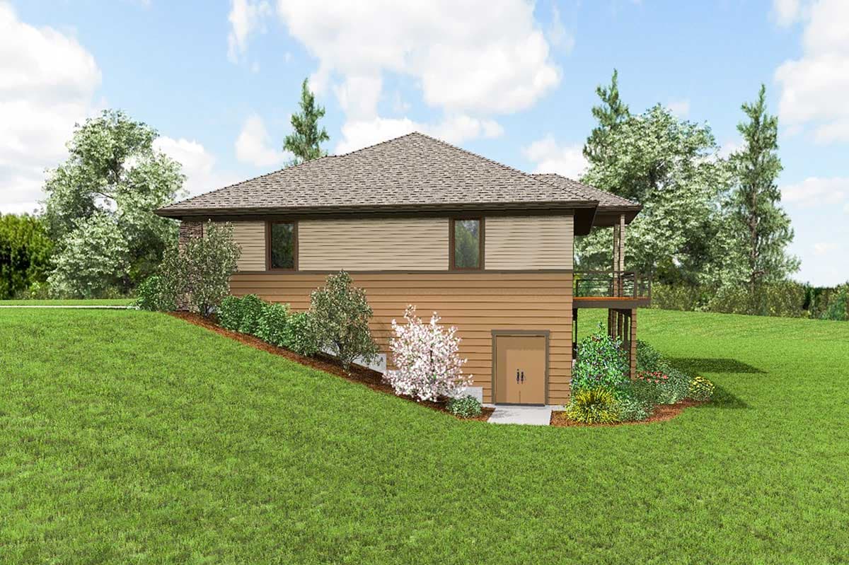 House plan exterior on a sloped lot featuring a two-story design with a lower-level garage door and an upper-level deck.