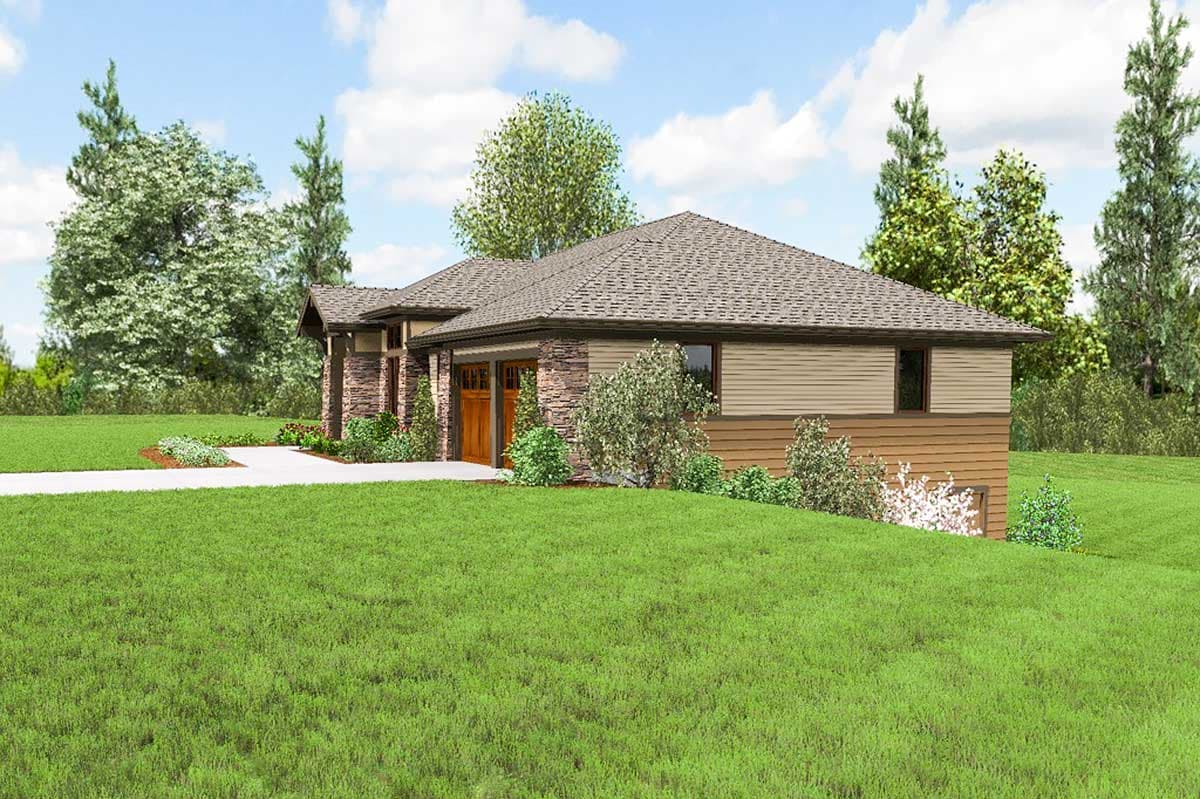 House plan exterior featuring a stone base, horizontal siding, and a two-car garage with wooden doors.