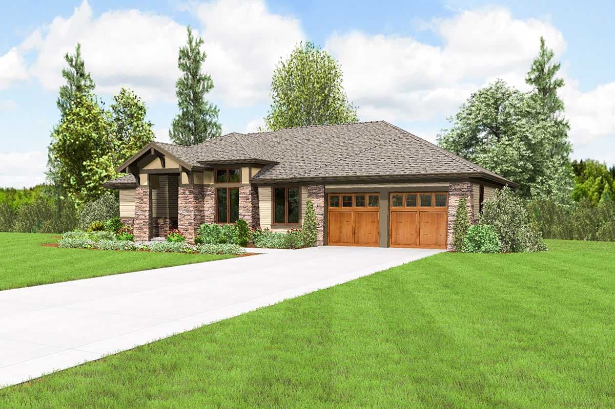 House plan exterior: Craftsman style, single-story, stone accents, covered entry, and a three-car garage.