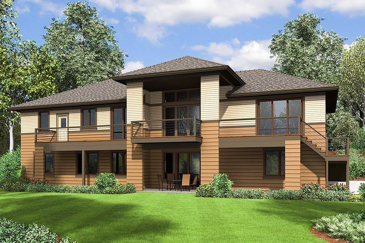 Modern house plan exterior: two stories, multiple balconies, horizontal siding, and a covered central upper-level balcony.