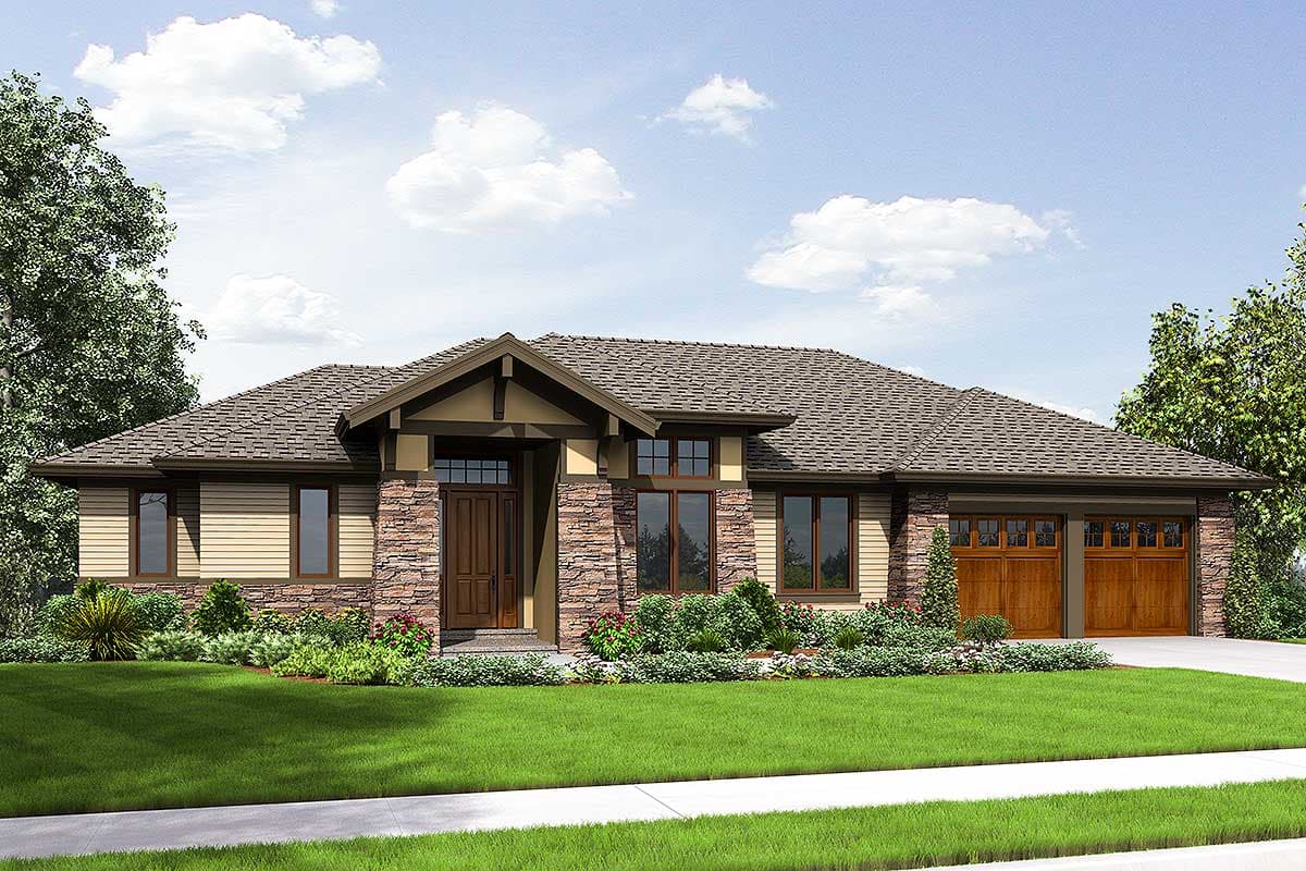 House plan exterior. Craftsman style, single-story home with a gabled entry, stone accents, and an attached garage with wood doors.