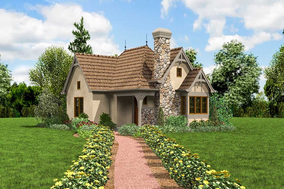 House plan exterior with stone chimney, gabled dormers, and covered entry. Tile roof and stucco finish.