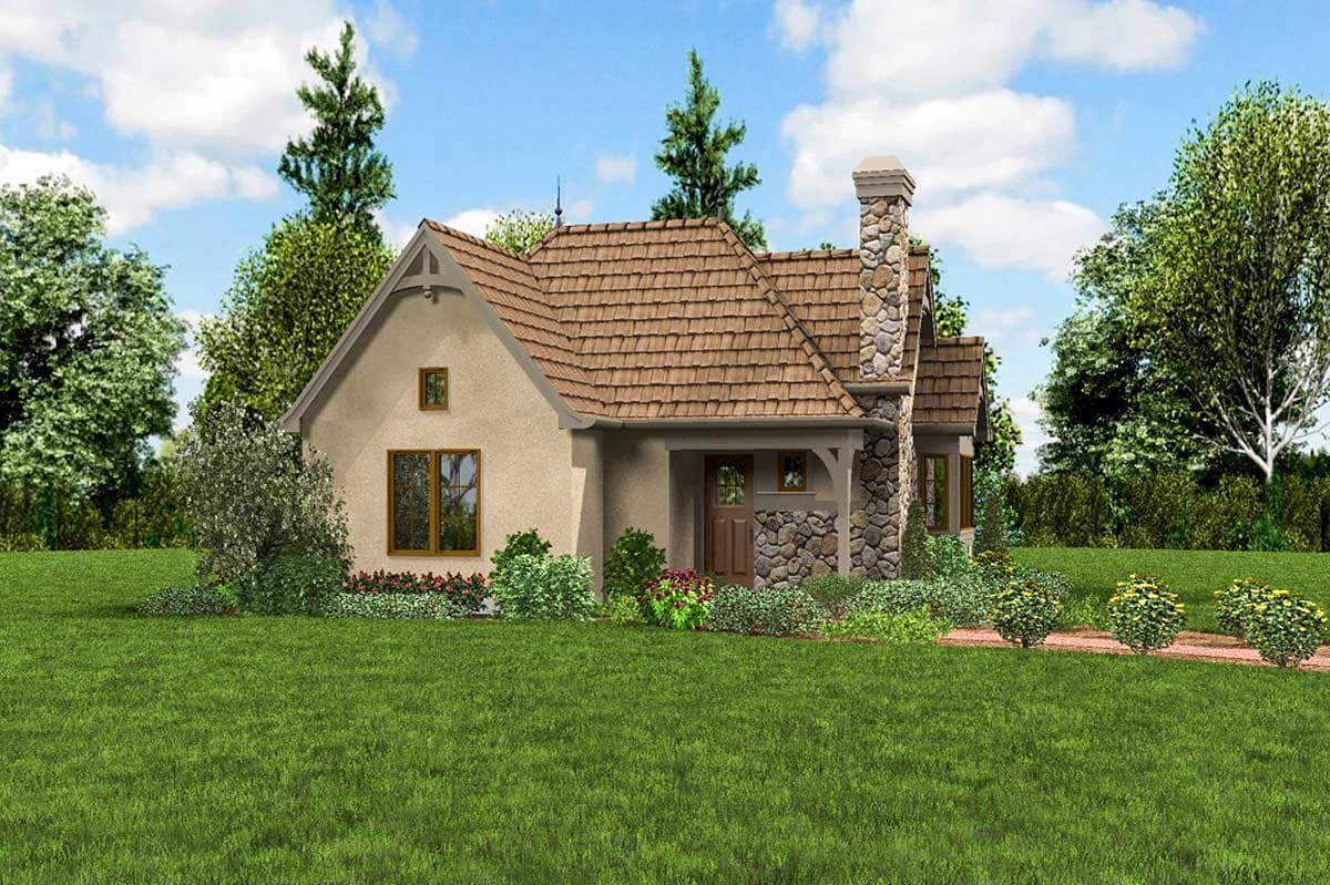 House plan exterior: Gable rooflines, stone chimney, and covered entry with stone accents.