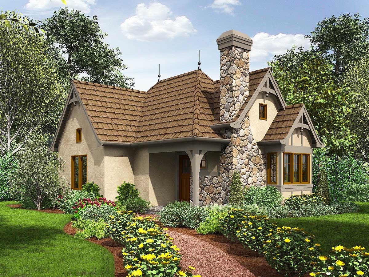 House plan exterior: Small two-story cottage with stone chimney, gabled roof, dormers, and covered entryway.