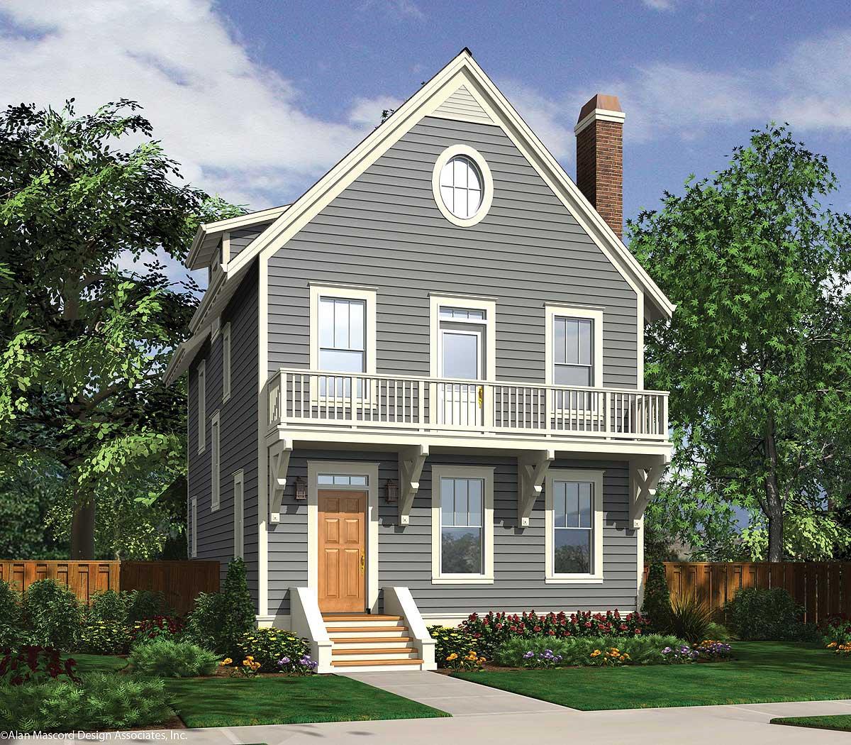 Two-story house plan exterior with a prominent gable, circular attic window, and second-story balcony.