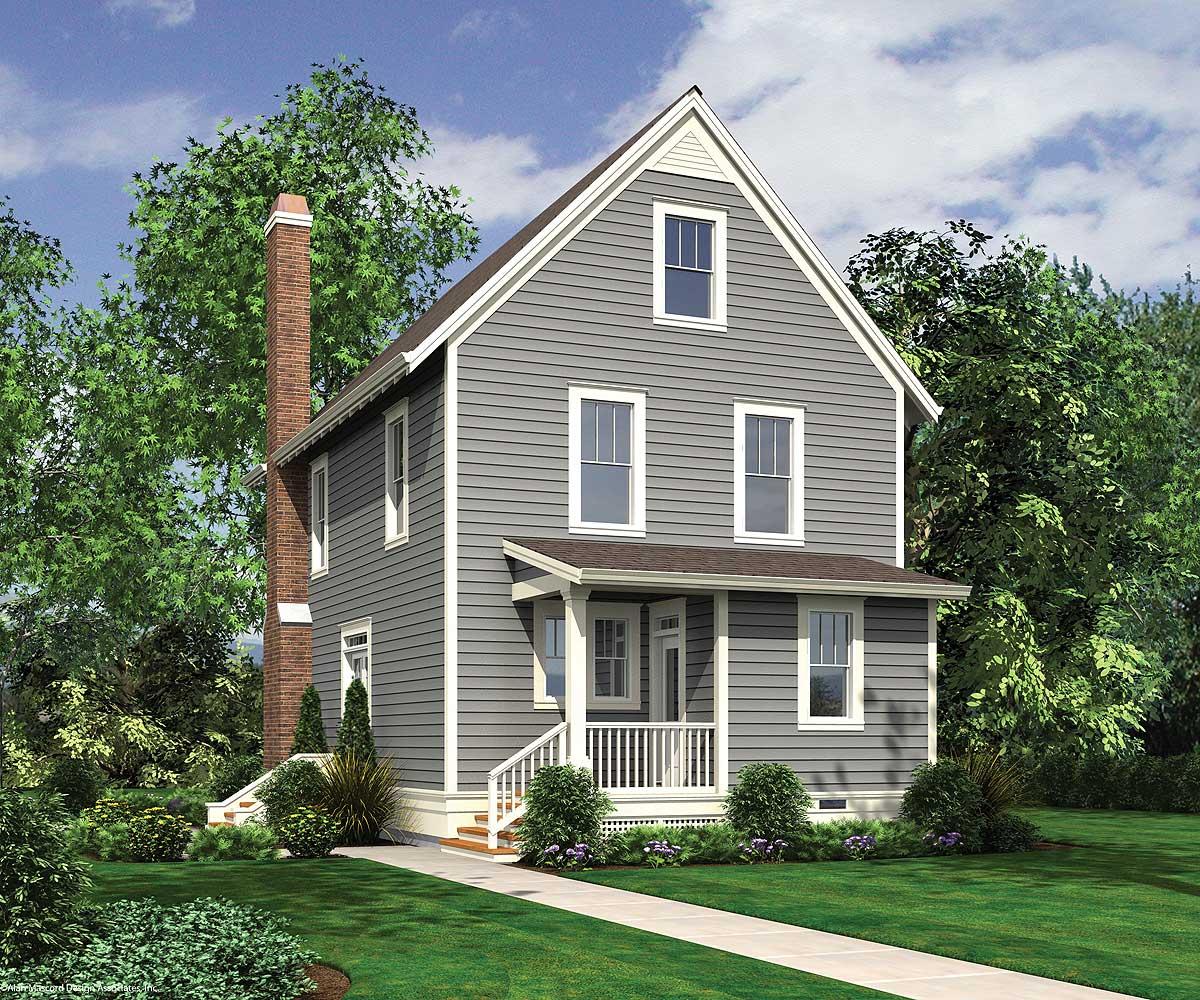 House plan exterior of a two-story home with a prominent brick chimney, gable, and covered front porch with white railing.