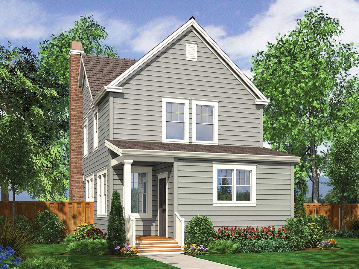 Two-story house plan exterior with gabled roof, prominent brick chimney, front porch with white columns, and double-hung windows.