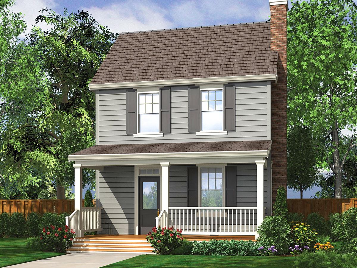 Two-story house plan exterior with a front porch, brick chimney, and vinyl siding.