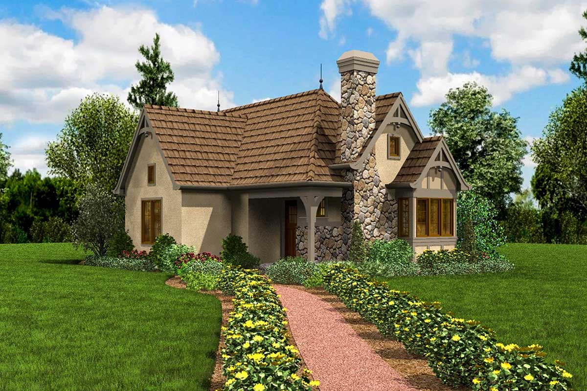 House plan exterior featuring a stone chimney, covered porch, and gabled dormers. Two stories apparent.