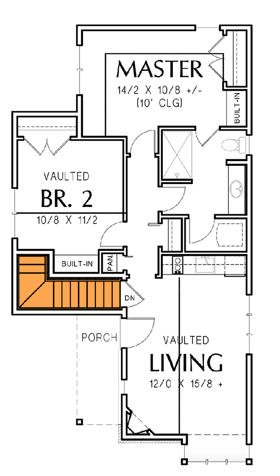 Plan 69593AM: 2 Bed Tiny Cottage House Plan - 782 Sq Ft - Floor Plan - Basement Stairs - Main Level - Cottage, European