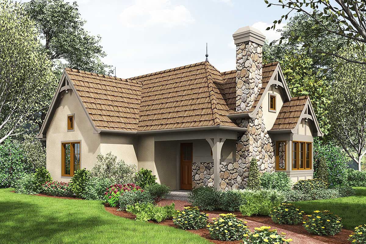 House plan exterior featuring a cottage style with stone chimney, multiple gables, and a front porch. One story with a shake roof.