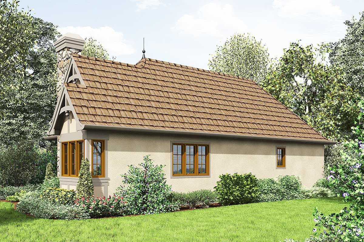 House plan exterior, one story, with gable roof, stone chimney, and bay window.