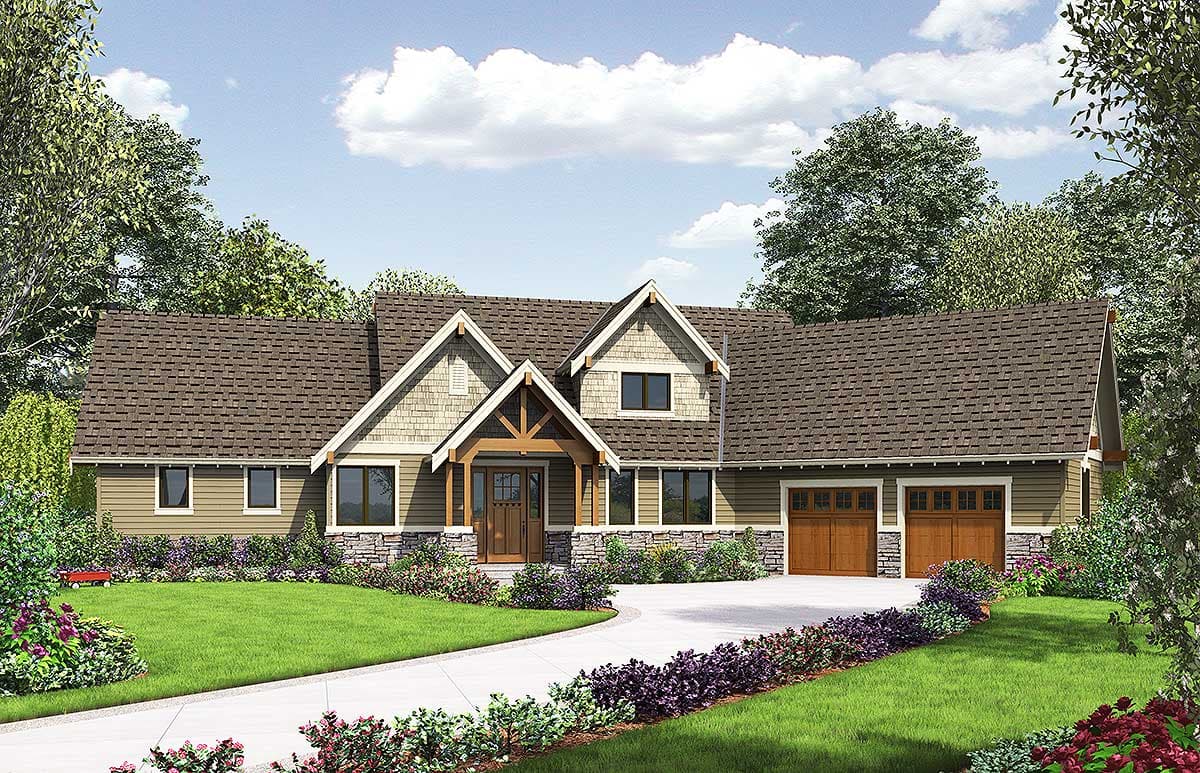 House plan exterior: Lodge style, two stories, prominent gable with exposed rafter tails, stone accents, and a three-car garage.